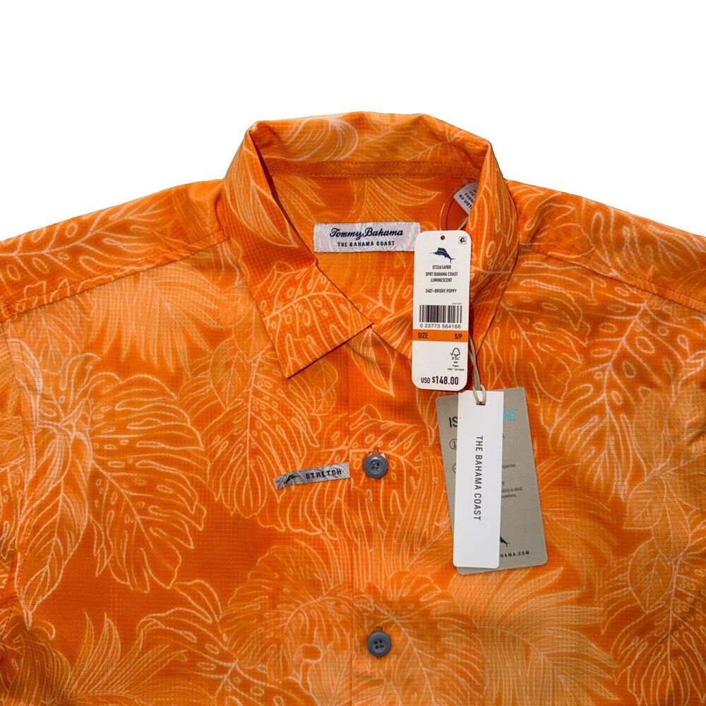 Tommy Bahama Button Down Mens Sz S Orange Tropical Leaf Stretch The Bahama Coast